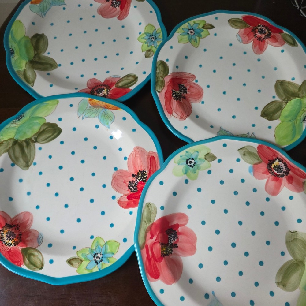The Pioneer Woman Vintage Bloom Polka Dots Dinner Plates Set 4 Scalloped 10.5in